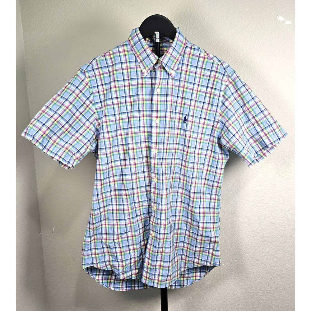 Polo Ralph Lauren Mens M Plaid Shirt Blue Pink Green Short Sleeve Cotton
